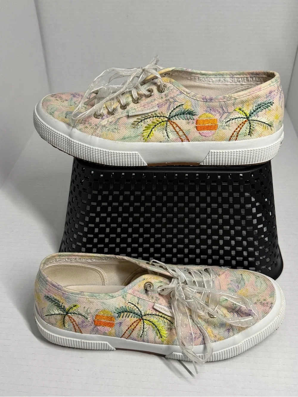 Love Shack Fancy Palm-Print Canvas Sneakers - Pastel Pink/Yellow W8.5